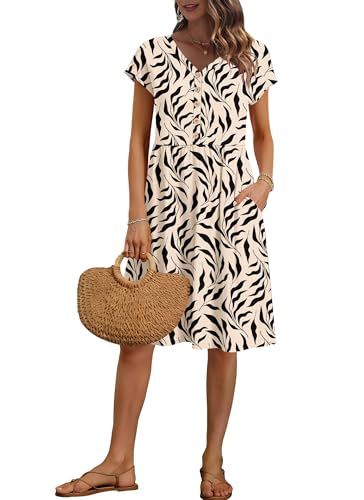 Image of AUSELILY Women's Summer Short Sleeve Knee-Length V Neck Dress with Pockets | V Neck,Cap Sleeve,Loose-Fit,Casual Dresses,2026 New
