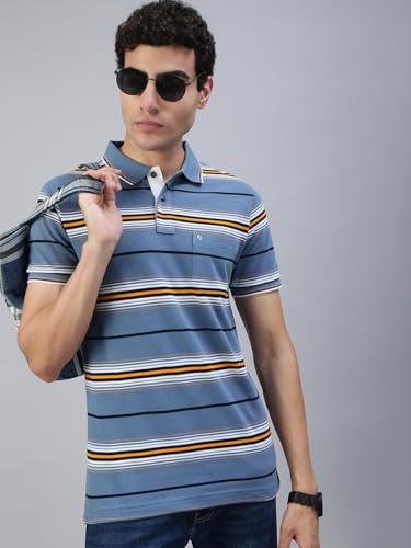 Image of Classic Polo Men's Half Sleeve Polo Neck Slim Fit Striped T-Shirt