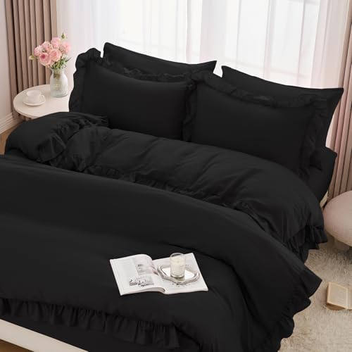 Horbaunal 5 Pcs Black Ruffle Duvet Cover Queen Size Soft Microfiber Shabby Chic Ruffled Duvet Cover Set, Vintage French Country Ruffle Bedding Set with Zipper Closure & Corner Ties, 90" x 90"