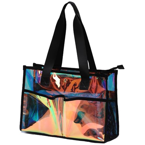 Iridescent Clear Tote Bag for Women, Waterproof Large Beach Tote Pool Swim Cruise Vacation Essentials