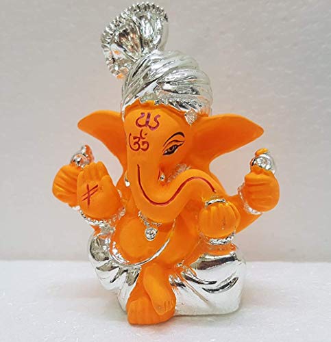 Sawcart Pagdi Ganesha/Ganesh/Ganpati Silver Plated Terracotta Puja Idol Figurine Sculpture Hindu God Of Success, Prosperity, Good Luck & Fortune For Car Dashboard, Temple & Home Décor (Orange) #TOP2