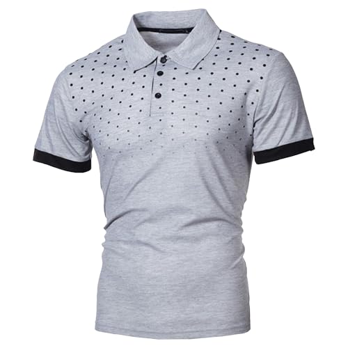 Men Spotted Printed Paul Collar Shirt Quarter Button Lapel Slim Pullover Tops Summer Short Sleeve Casual T-Shirt (Light Grey,5X-Large)