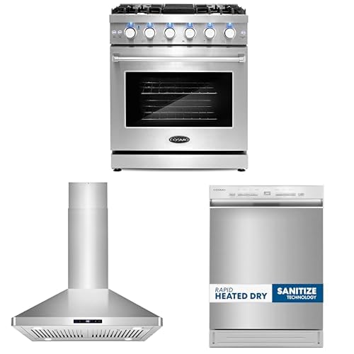 COSMO 3-Piece Kitchen Appliance Packages, 30" Gas Range, 30" Island Range Hood and 24" Dishwasher