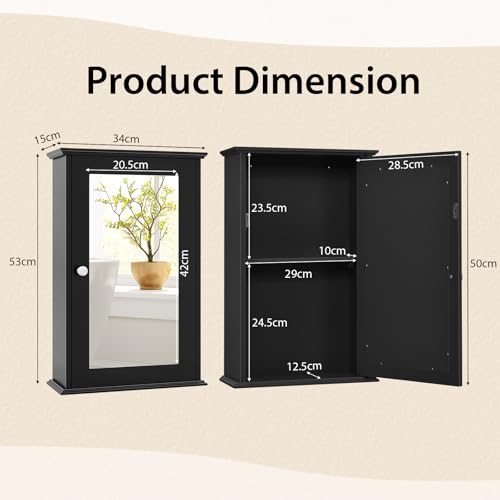 GIANTEX Armario de Pared con Espejo, Mueble de Baño Colgante con Espacio de Almacenamiento, Estante Interior Ajustable, 34 x 15 x 53 cm (Negro) - imagen 3