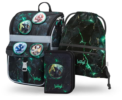 Baagl Mochila escolar para niños y niñas, 3 piezas, mochila escolar Zippy para 1ª clase, mochila escolar primaria con correa para el pecho, mochila escolar ergonómica, Dragón., De tamaño mediano