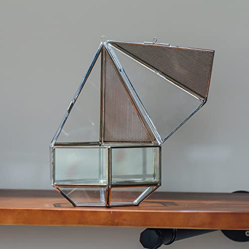 Ncyp Silver Hanging Geometric Glass Terrarium With Door For Succulents Air Plants, Six-Surface Diamond Shape Planter Pot With Mesh For Insect Pet, Stainless Steel, Handmade (Terrarium Only) #TOP4