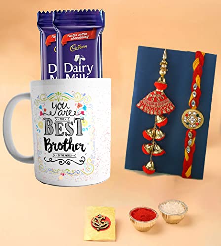 Image of Rakhi Gift for Brother with Chocolates Mug Gift Combo - Premium Lumba Kundan Rakhi with Chocolates and Roli Chawal Tika - Rakhi for Brother Bhai Bhaiya Boy Men Women
