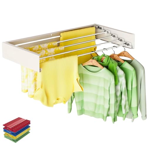 JANDTEK Tendedero Plegable de Pared Extensible Retráctil 80 cm con 24 Pinzas   Tendedero de Pared Antioxidante 30 kg Interior Exterior Ahorra Espacio