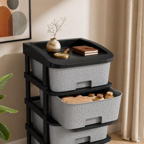 Image of Jefa Plastic Modular Drawer Storage Organizer | Multipurpose Storage Chest with Anti-Slip Design | Large Capacity Drawer Rack for Clothes, Shoes, Office & Home Use (Grey, 5)