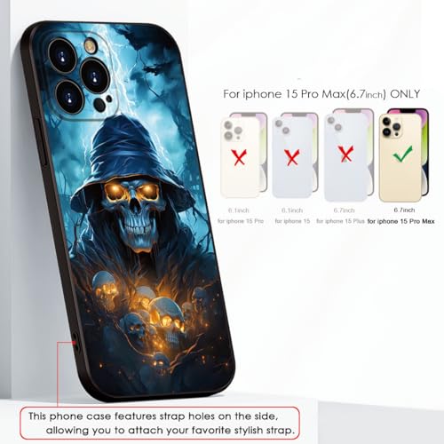 Printed with Skull for iPhone 15 pro max case, Printed with a Skeleton Pattern bathed in Lightning, The Silicone Shockproof case Makes Your Phone Look Cool(A1-Skull-Death God Skeleton)