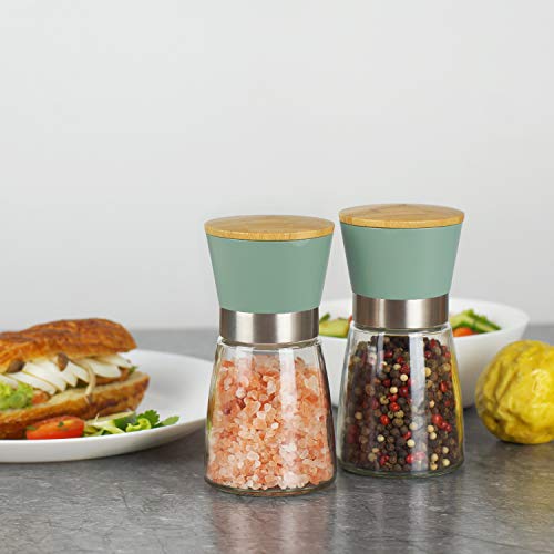 Image of Vucchini Salt and Pepper Grinders 2 Set Green | with Ceramic Core Cinnamon,Adjustable Coarseness,Bamboo,Spice Mills,Home Kitchen Birthday,Housewarming Gifts