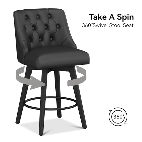 Image of Counter Height Bar Stool, 26.8 inchH Swivel Leather Barstool with Back and Solid Wood Legs, Counter Height Stool for Kitchen Island, Home Bar Pub, Black Grey