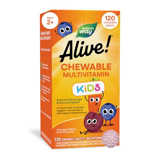 Nature’s Way Alive! Children’s Chewable Multivitamin, Kids Multivitamin with Orchard Fruits and Garden Veggies Powder Blend, Daily Kids Vitamins for Nutritional Support Cherry Flavor, 120 Tablets