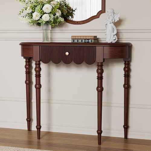 Etelifrank Solid Wood Console Table with Drawer – Dark Walnut Entryway Table with Scalloped Edge...