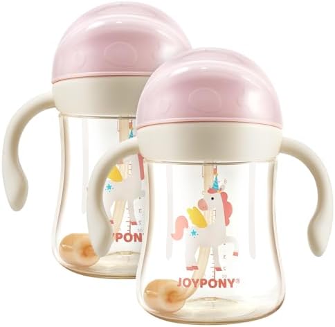 Joypony PPSU Trinklernbecher mit Strohhalm & Gewichtskugel, 266ml (9oz) Baby Trinkflasche Auslaufsicher, inkl. 4 Strohhalme & 2 Reinigungsbürste, Strohhalmbecher ab 6 Monate, BPA-F