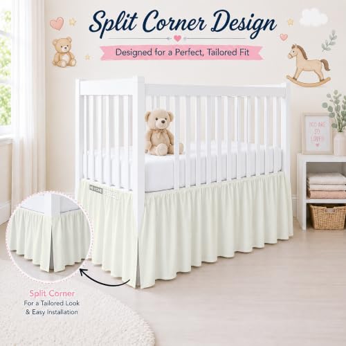 Image of Crib Bed Skirt Dust Ruffle with Split Corners Cotton, 14 inch Drop, Ivory | Nursery Standard Crib Bedding Bed Skirt for Baby Boys and Baby Girls. Hides Under-Crib Storage for a Neat Appearance