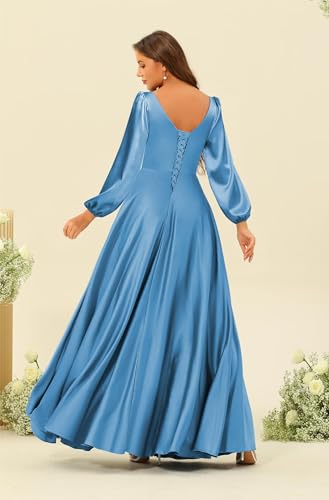 Women's Satin Bridesmaid Dresses with Long Sleeves V-Neck Ruched Formal Evening Gown VS1062