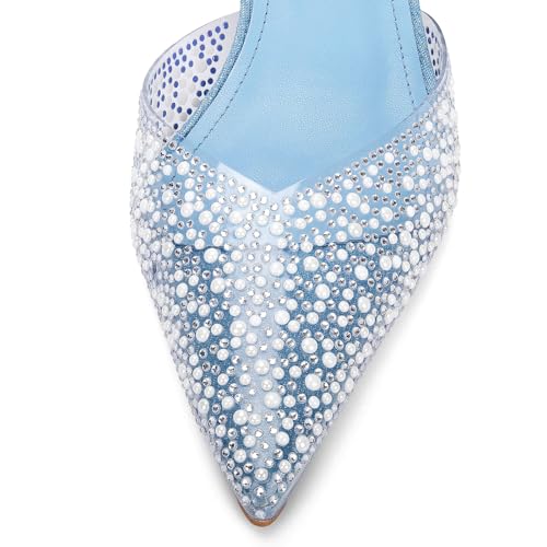 Image of YIYA Women's Clear Slingback Heels with Pearl Studded Pointed Toe Kitten Mid Heels Sparkly Rhinestone Slip On Wedding Party Shoes