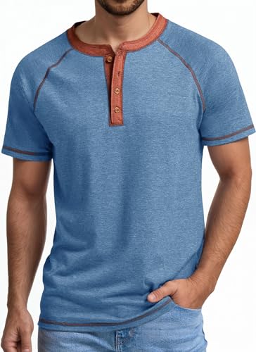 Gleam Ledra Men's Henley Shirts Button Fashion Tshirts V Neck Top Cotton Blend Short Sleeve Tee Shirt, E Light Blue Medium
