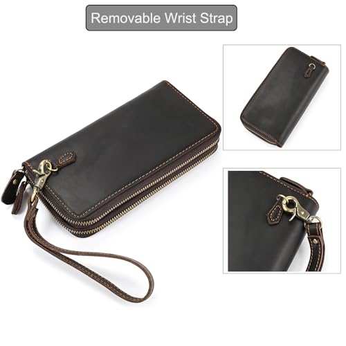 LUUFAN Genuine Leather Wallet Double Zipper Long Wallet Large Capacity Purse Clutch Bag Handbag Pouch Cash Cards Checkbook Wallet, Dark Brown — view 5