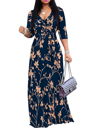 Image of Women's V Neck Floral Maxi Dress 3 /4 Sleeve Plus Size Boho Wrap Flowy Long Dresses with Belt