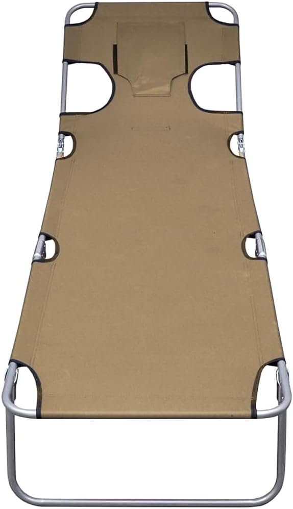 Folding Sun Lounger, Lounge Chair with Steel Frame,for Beach, Yard, Pool and Patio, with Canopy Steel Gray (Taupe+Head Cushion 74.4" x 22.8" x 10.6" (L x W x H))