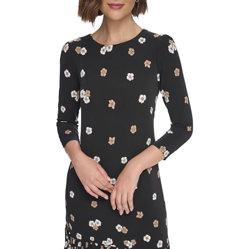 Image of Tommy Hilfiger Women's 3 /4 Sleeve Crew Neck Double Ruffle Hem Jersey Shift Mini Dress