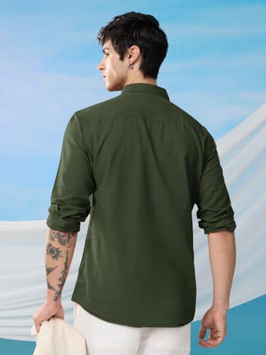 Image of The Souled Store Solid Linen: Beige Color Men and Boys Regular Outdoor Fit Full Sleeve Collared Neck Spread Collar Casual Wear Stylish Comfortable Premium Elegant Cotton Shirts
