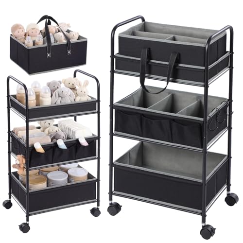 Image of Honeydak 2in1 Baby Diaper Caddy Organizer Cart 3 Tier Large Capacity Metal Utility Bedside Rolling Cart with Divider for Newborn Nursery Essential Must Have for Crib Bedroom Baby Shower(Black)