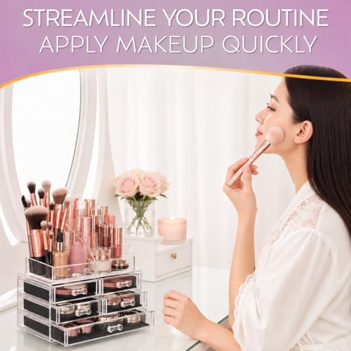 Image of Brookstone Makeup Organizer Countertop, Cosmetic Display Case, Acrylic Makeup Storage for Vanity, Clear Make-up Organizer for Vanity, Accessories Holder with Drawers