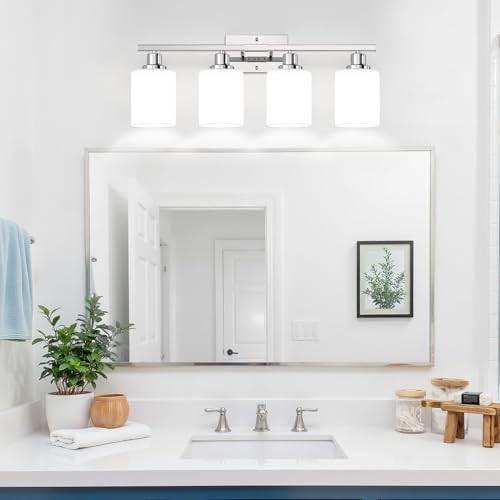 Image of MOKATNG 4-Light Vanity Light with Milky White Shades, Chrome Bathroom Lighting Fixtures Over Mirror, Modern Bathroom Wall Lamp for Mirror Living Room Cabinet Bedroom