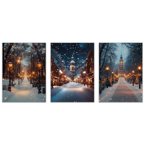 NEKAOEU(ネカオウ) 3枚セット クリスマス 壁アート絵画 冬の夜景 かわいいクリスマス冬のポスターワーク、ホリデーデコレーション、プレミアムギャラリーラップキャンバス 写真パネル(ゴールド2)-50x70cmx3 額無し