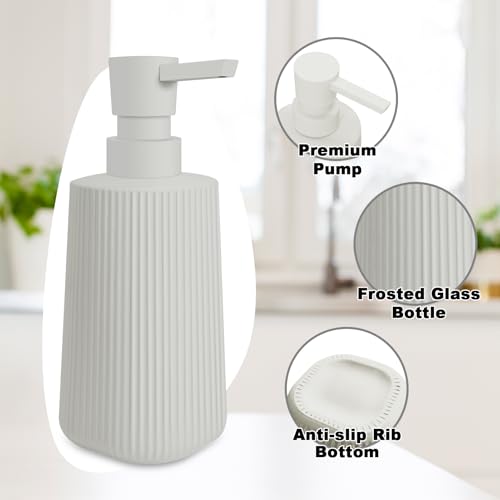 Image of 2 Pack Glass Small Soap Dispenser for Bathroom and Kitchen 250ml /8.5oz Dish Soap Dispenser Modern Farmhouse Striped Style Hand Soap Dish Soap Dispenser with Pump (Beige)