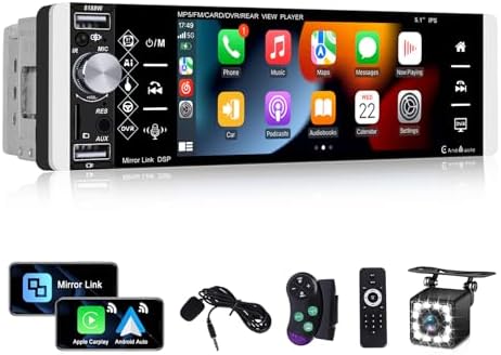 Single Din Autoradio Avec Carplay Android Auto, 5" écran Tactile 1 Din