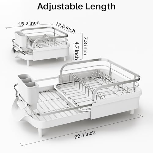 Image of SNTD Dish Drying Rack, Expandable Dish Rack for Kitchen Counter, Stainless Steel Dish Drainer with Drainboard Set and Utensil Holder (White)