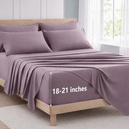 Image of CozyLux 6-Piece King Size Sheet Set, Fits 18-21 Inch Mattresses, Oeko-TEX | 4 Pillowcases, 1 Flat Sheet and 1 Fitted Sheet with All-Around Elastic and 21-Inch Deep Pocket for a Secure Fit, Dusty Purple
