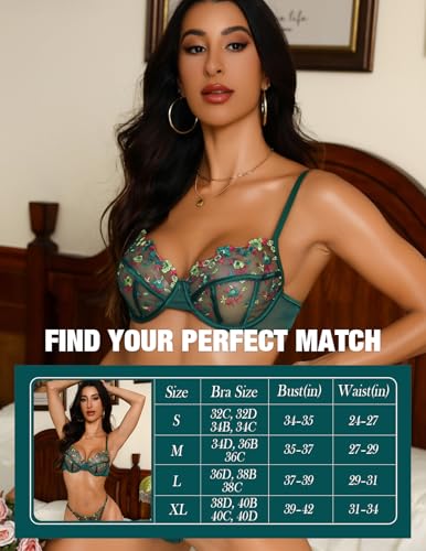 Image of Lingerie Sexy Bra and Panty Set for Women See Through Sheer Underwear Cute Exotic Floral Embroidery Babydoll Set