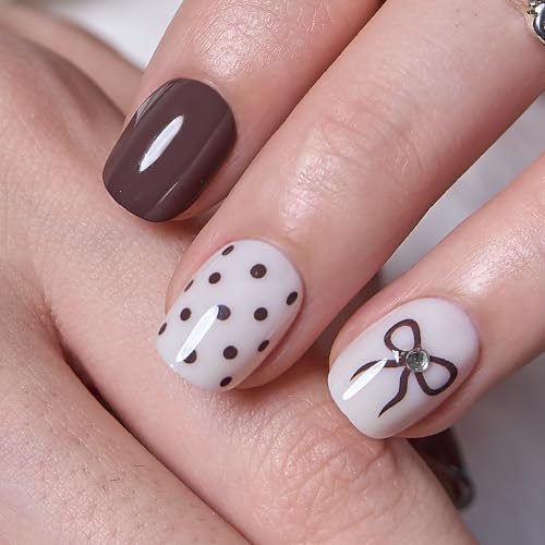 Image of CurvLife Extra Short Square Fall Press On Nails, Cocoa Bow Brown, Soft Gel