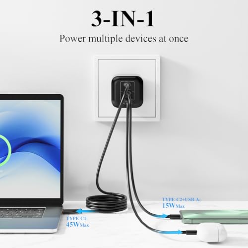Minthouz 67W GaN Charger, 3-Port Fast Charging Power Adapter with Type-C & USB-A, for iPhone 17/16/15, iPad Pro, MacBook Air/Pro, Galaxy S25/S24, Google Pixel, Compact Travel Charger with 3.9FT Cable - image 3