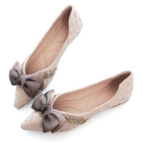 SAILING LU Pointed Toe Flats Shoes Bow Ballet Flats for Women Crystals Wedding Dress Shoes Comfort Light Weight Loafers Apricot Size 9