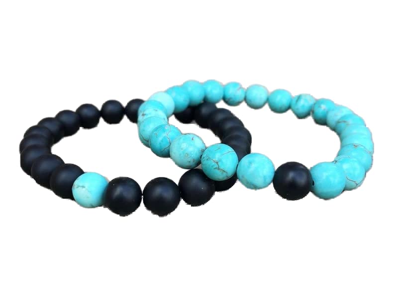 Bracelet couple turquoise et onyx mat 8mm lot de 2 distance pour hommes et femmes