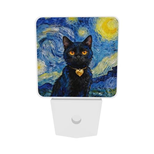 Image of Black Cat Night Light Set of 2, Starry Sky Auto Sensor LED Dusk-to-Dawn Nightlights, Plug-in Sensor Lamp for Bedroom Bathroom Kitchen Hallway Stairs Decorative