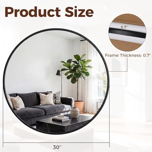 Image of Sweetcrispy 30 Inch Round Wall Mirror, Bathroom Mirrors for Over Sink, Matte Metal Framed Circle Vanity Mirror, Wall Decor for Bedroom, Entryway, Anti-Rust, Tempered Glass, Hanging or Leaning, Black