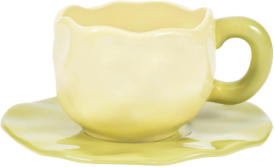 Koythin Ceramic Coffee Mug with Saucer Set, Cute Creative Morandi Cream Yellow Design for Office and Home, Dishwasher and Microwave Safe, 10 oz/300 ml for Latte Tea Milk