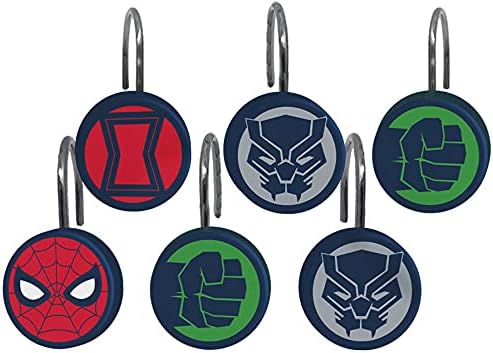 Jay Franco Marvel Avengers Shields 14 Piece Bathroom Set - Includes Shower Curtain, 12 Hooks, & Non-Slip Bath Rug - Easy Care Fabric (Official Marvel Product)