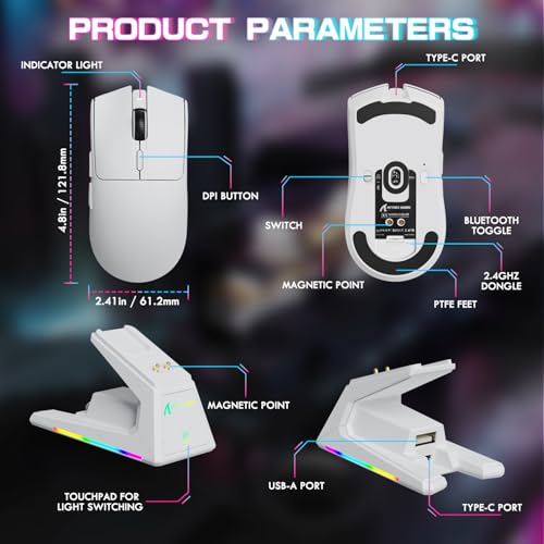 ATTACK SHARK X1 Ratón para Juegos con Base de Carga Magnética, Sensor PixArt PAW3395PRO, 40000DPI, Bluetooth/2,4G Wireless/Wired, 53g Superligero, Microinterruptores de 100M para PC/Xbox/Mac (Blanco) - imagen 9