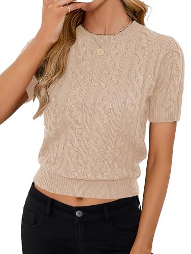 Image of Libsorge Womens Cropped Short Sleeve Sweater Fall 2025 Crewneck Sheer Knit Tops - Lightweight, Thin, Crop, Slim Fit