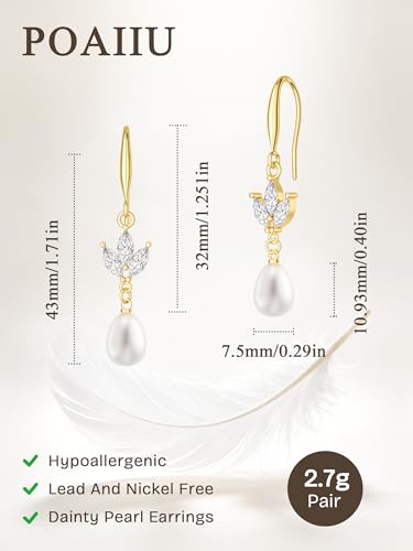 POAIIU Gold Pearl Earrings for Women, Pearl Drop Earrings 14K Plated CZ Cluster Hook, Dangle Bridesmaid Earring Tarnish Resistant — view 5