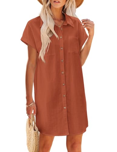 Image of Zeagoo Summer Dresses for Women 2025 Cotton Button Down Short Sleeve Tshirt Dresses Casual Mini Beach Dress