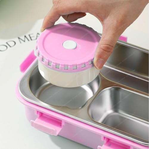 Image of Storio Lunch Box 3 Compartments 750ml | Leak-Proof BPA-Free Stainless Steel /Plastic Lunchbox for Kids, School & Office | Tiffin Box with Extra Small Container | Durable & Easy to Clean - Pink